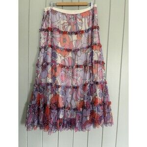 Maeve Anthropologie A+ Tiered Tulle Maxi Skirt 1X Purple Pink Cream Plus Size